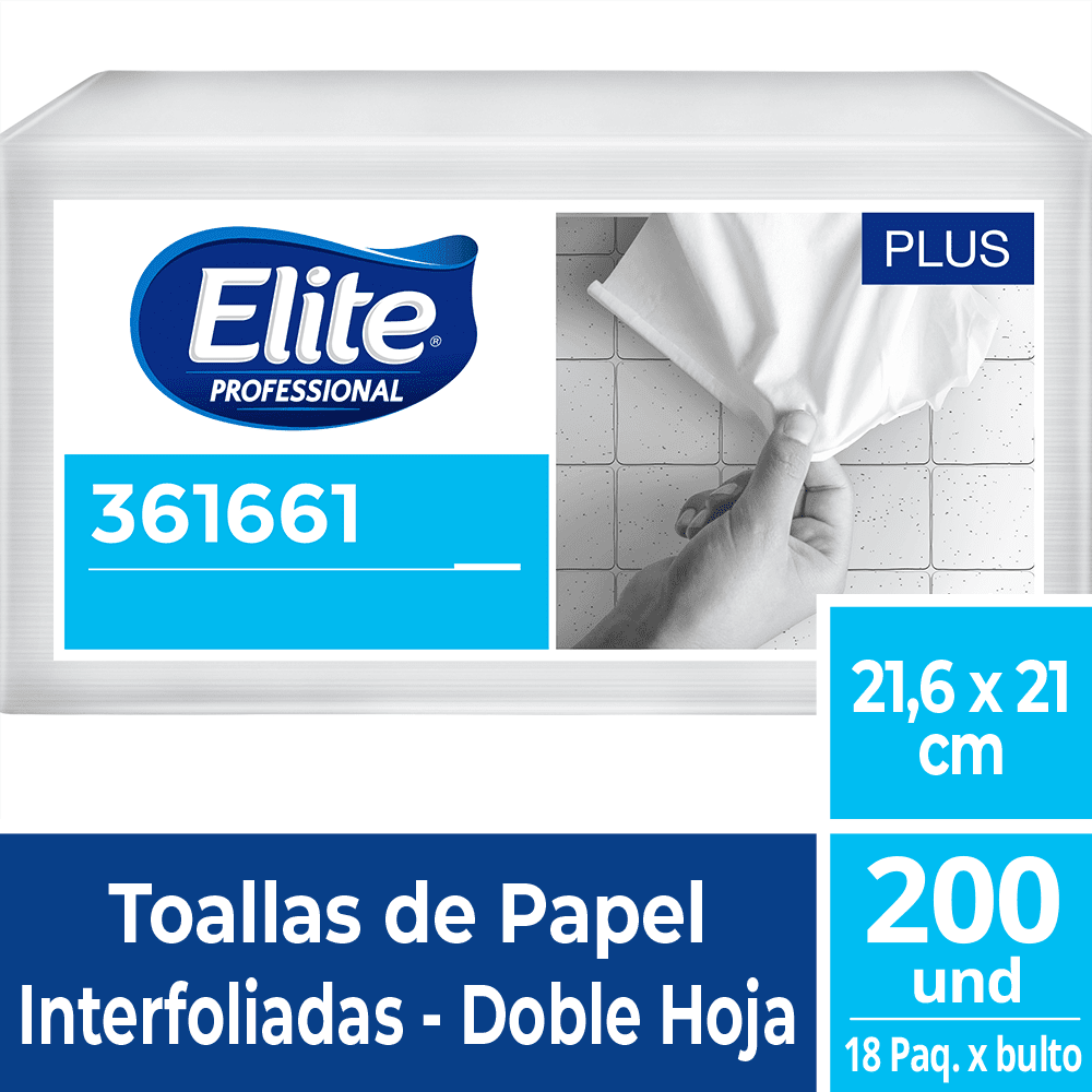 Toalla de Papel Plus Interfoliadas Doble Hoja 21,6x21 /x200 - Elite Professional 361661